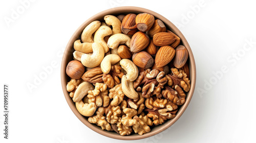 bowl of different nuts , top view, isolated