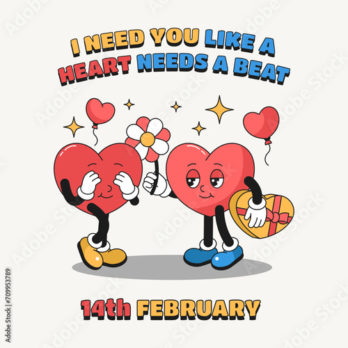 Vector greeting or valentine card. Love confession or expression for Valentines day. Banner with pop art heart characters, romantic emoji. I need you like a hear needs a beat. Retro 90s style.