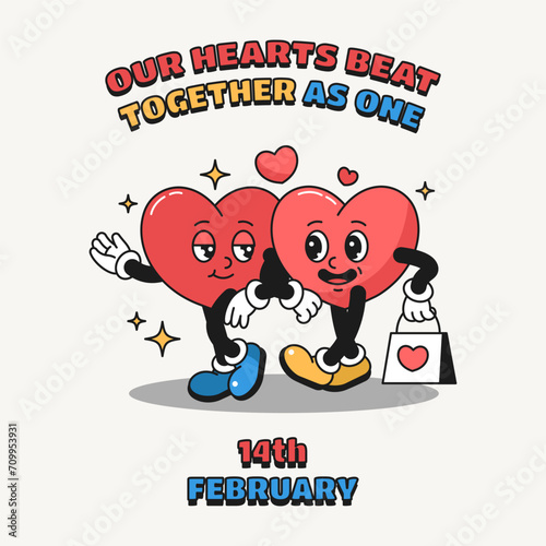 Vector festive banner for Valentines day. Love confession or expression. Greeting or valentine card. Heart characters or romantic emoji. Our hearts beat together as one. Retro pop art style.