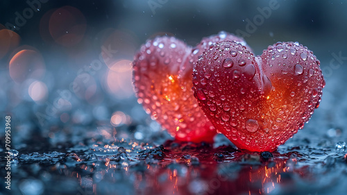 Valentines day Background of two red heart shape love made with glowing glitter bokeh image