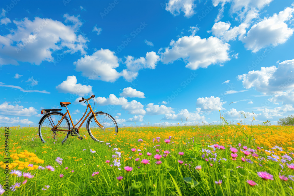 Beautiful spring summer natural landscape with a bicycle on a flowering meadow against a blue sky with clouds on a bright sunny day Beautiful spring summer natural landscape with a bicycle on a flowering meadow against a blue sky with clouds on a bright sunny day