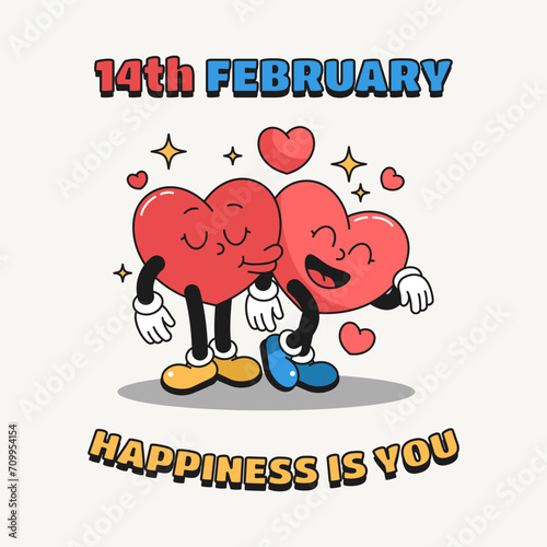 Vector greeting or valentine card with pop art heart characters. Love confession or expression for Valentines day, 14th of February. Kiss of lovers, couple in love. Happiness is you. Retro 90s style.