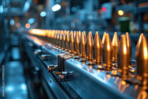 weapon industry, conveyor belt with ammunition or rockets or bullets photo