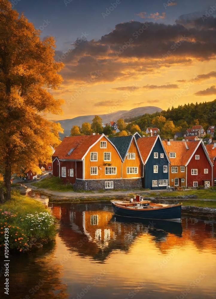Scandinavian fishing village on the shore of a pond
