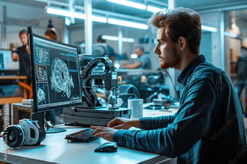 Man at computer with project for 3d printer, tech and futuristic design process tools in office. Man at computer with project for 3d printer, tech and futuristic design process tools in office.
