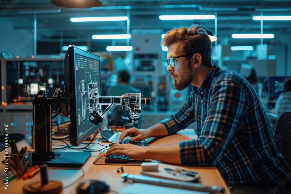 Man at computer with project for 3d printer, tech and futuristic design process tools in office. Man at computer with project for 3d printer, tech and futuristic design process tools in office.