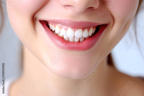 Radiant Smile  Captivating Close-Up of a Youthful Teenage Beauty Showcasing Immaculate Teeth in a Dental Advertisement. Featuring a Lovely Girl with Chic  Flowing Hair Against a Clean White Background