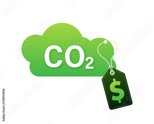 Conceptual vector illustration of green cloud with CO2 text and price tag, representing the cost of carbon emissions