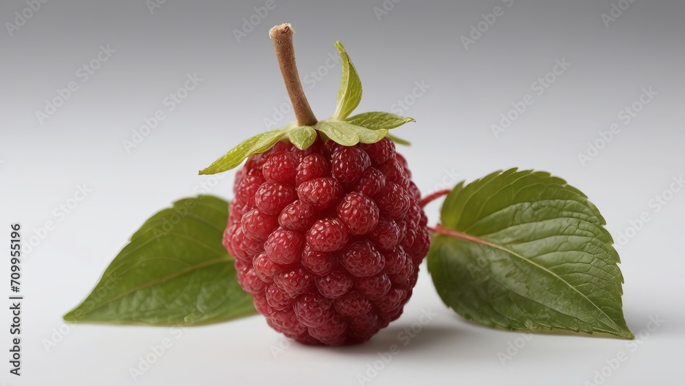 Close-up of a rare red berry with green leaves on a light background Close-up of a rare red berry with green leaves on a light background