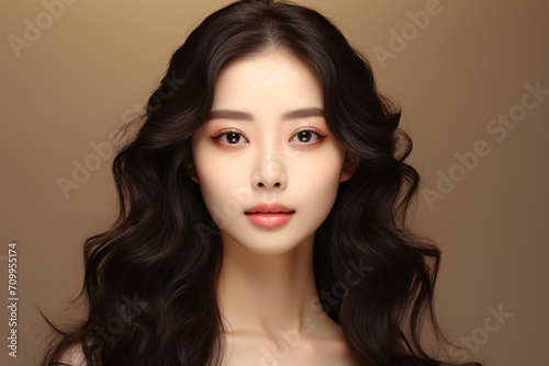 A youthful Asian woman with wavy hair, Korean-inspired makeup, and flawless complexion poses against a plain beige backdrop, showcasing her facial care, beauty therapy, and cosmetic enhancements.
