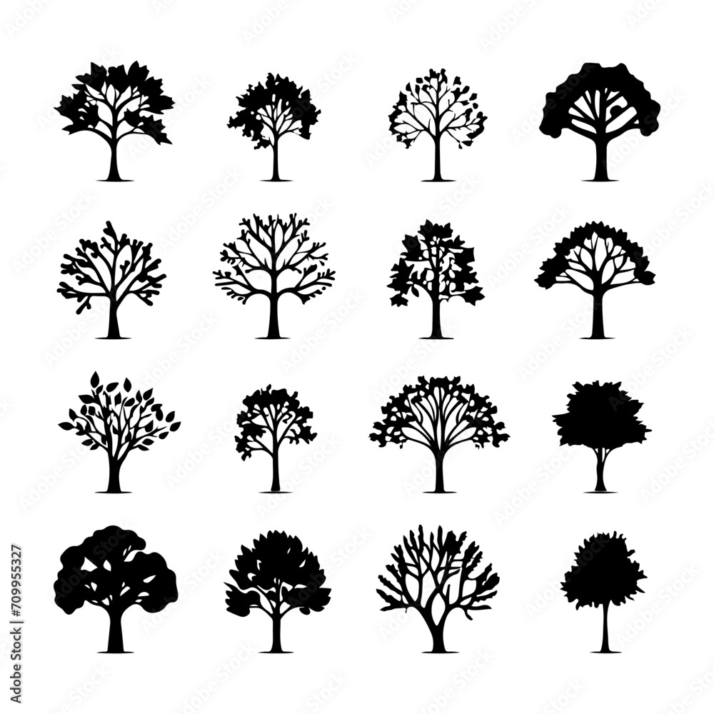 Oak tree black silhouette on a white background. Tree elements to create a natural environment Oak tree black silhouette on a white background. Tree elements to create a natural environment