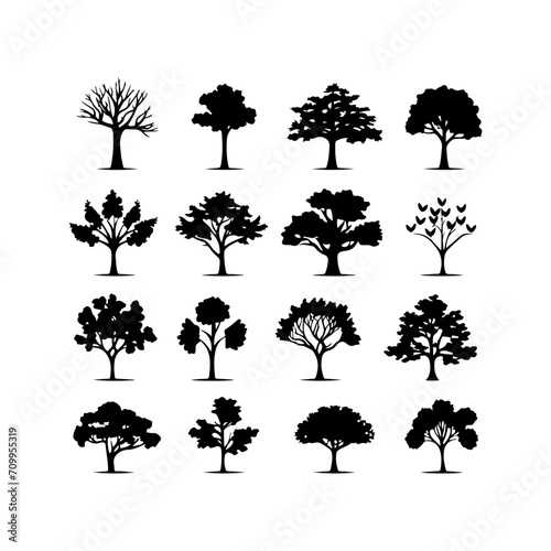  Oak tree black silhouette on a white background. Tree elements to create a natural environment