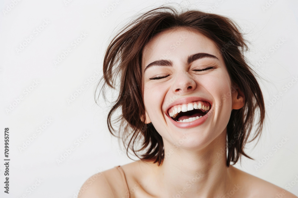 Radiant Smile: Captivating Close-Up of a Youthful Teenage Beauty Showcasing Immaculate Teeth in a Dental Advertisement. Featuring a Lovely Girl with Chic, Flowing Hair Against a Clean White Background Radiant Smile: Captivating Close-Up of a Youthful Teenage Beauty Showcasing Immaculate Teeth in a Dental Advertisement. Featuring a Lovely Girl with Chic, Flowing Hair Against a Clean White Background