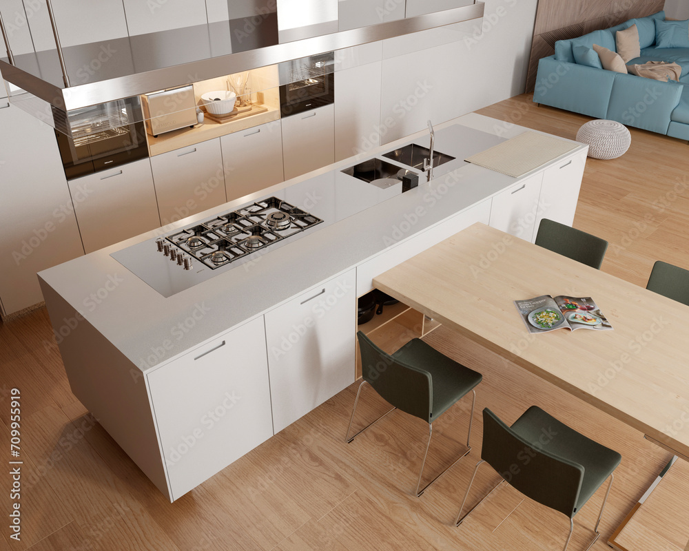 Modern kitchen interior in white colors. 3d render	