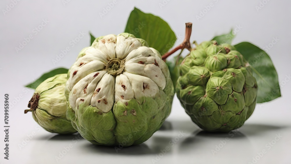 Obraz premium Close-up view of rare green and white cherimoya fruits with fresh leaves on a light background
