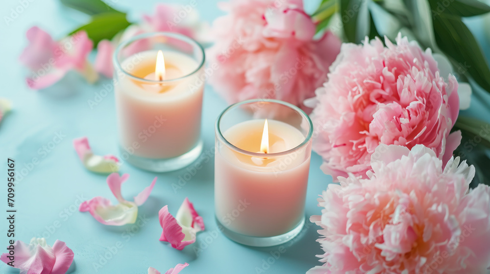 peony scented aroma candles on a blue background peony scented aroma candles on a blue background