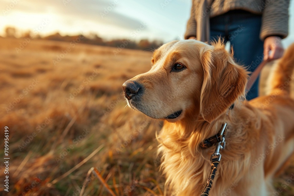 
Close Up Of Woman Taking Golden Retriever Dog For Walk On Lead Around Field In Autumn Countryside