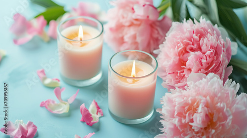 peony scented aroma candles on a blue background 