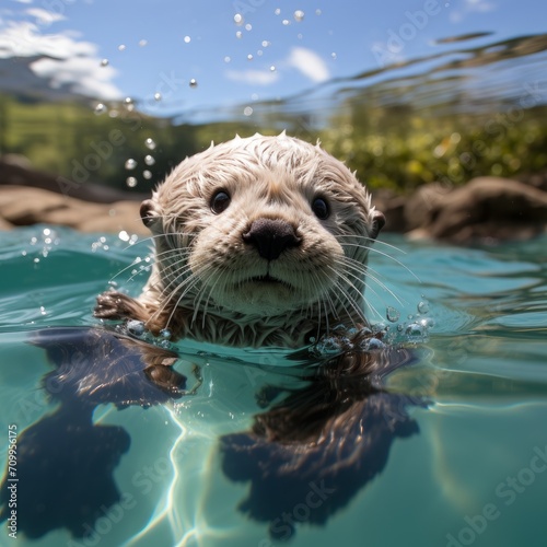 Photo of a baby sea otter floating on its back. Generative AI
