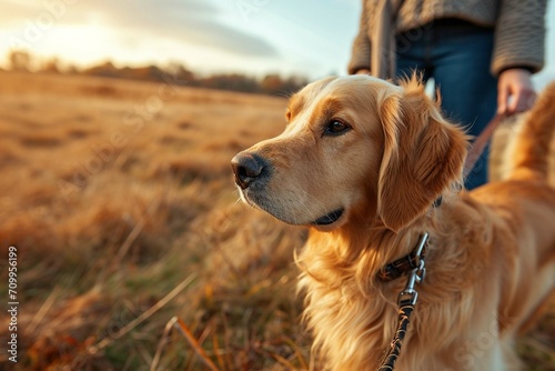  Close Up Of Woman Taking Golden Retriever Dog For Walk On Lead Around Field In Autumn Countryside