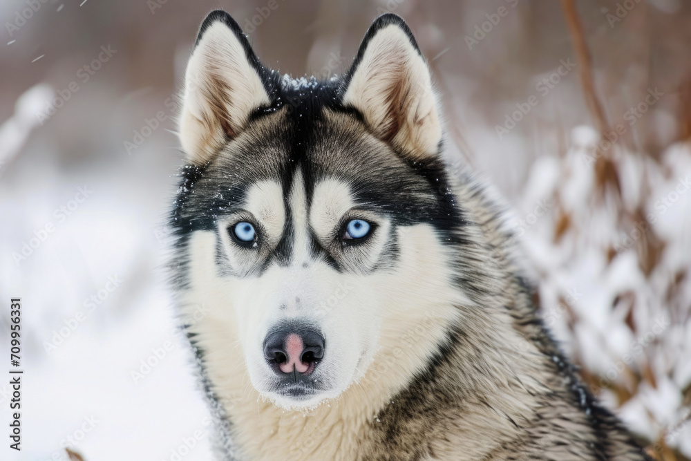 Siberian husky with blue eyes in the winter forest.