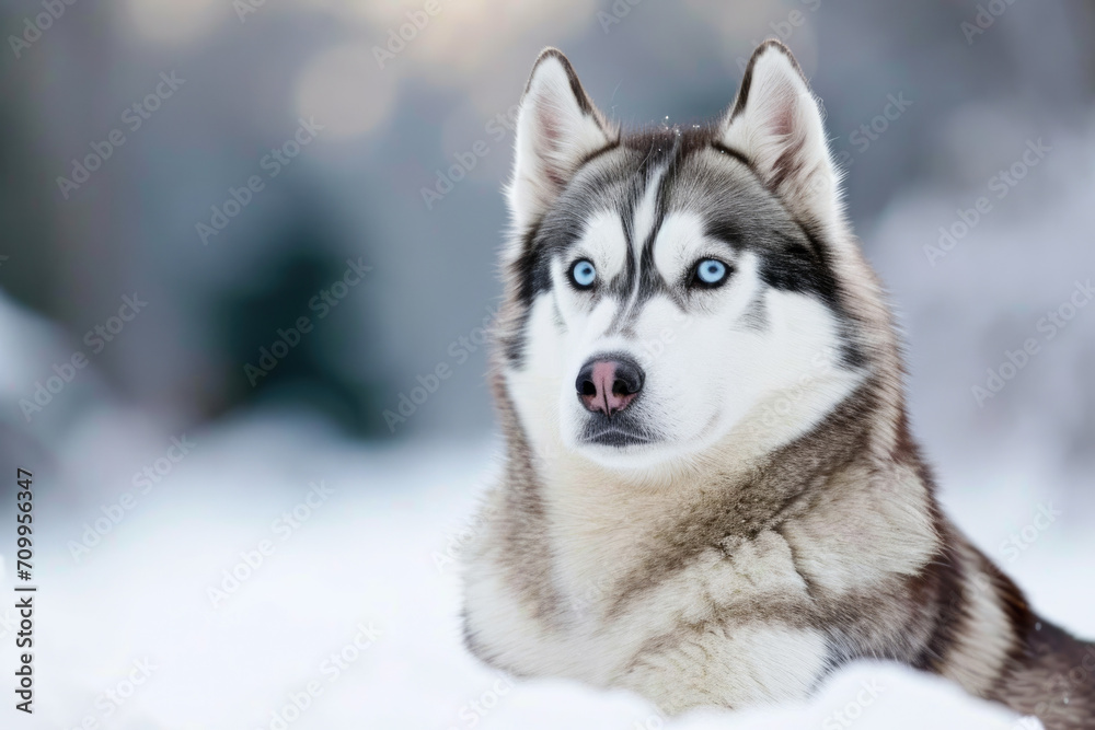 Siberian Husky with blue eyes sitting in the snow.