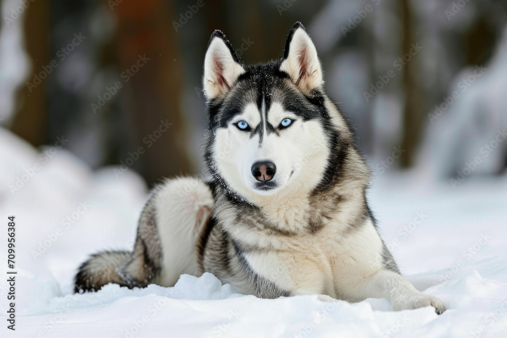 Siberian husky dog with blue eyes lying in the snow