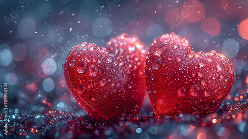 Valentines day Background of two red heart shape love made with glowing glitter bokeh image