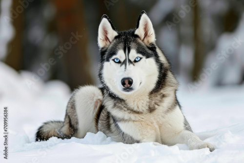Siberian husky dog with blue eyes lying in the snow © PixelGallery
