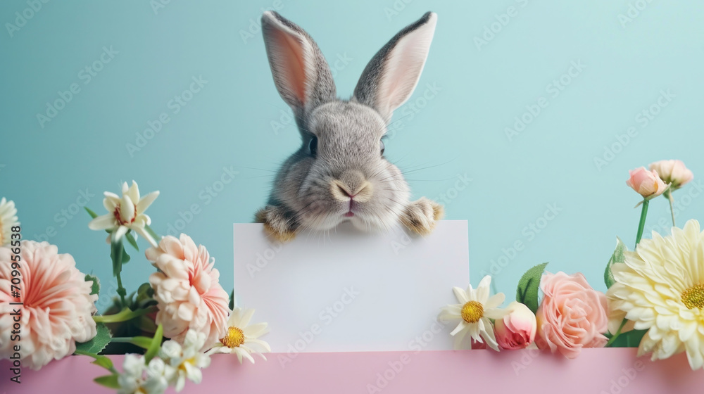 Easter bunny wishing a Happy Easter, holding blank  sign, copy space 