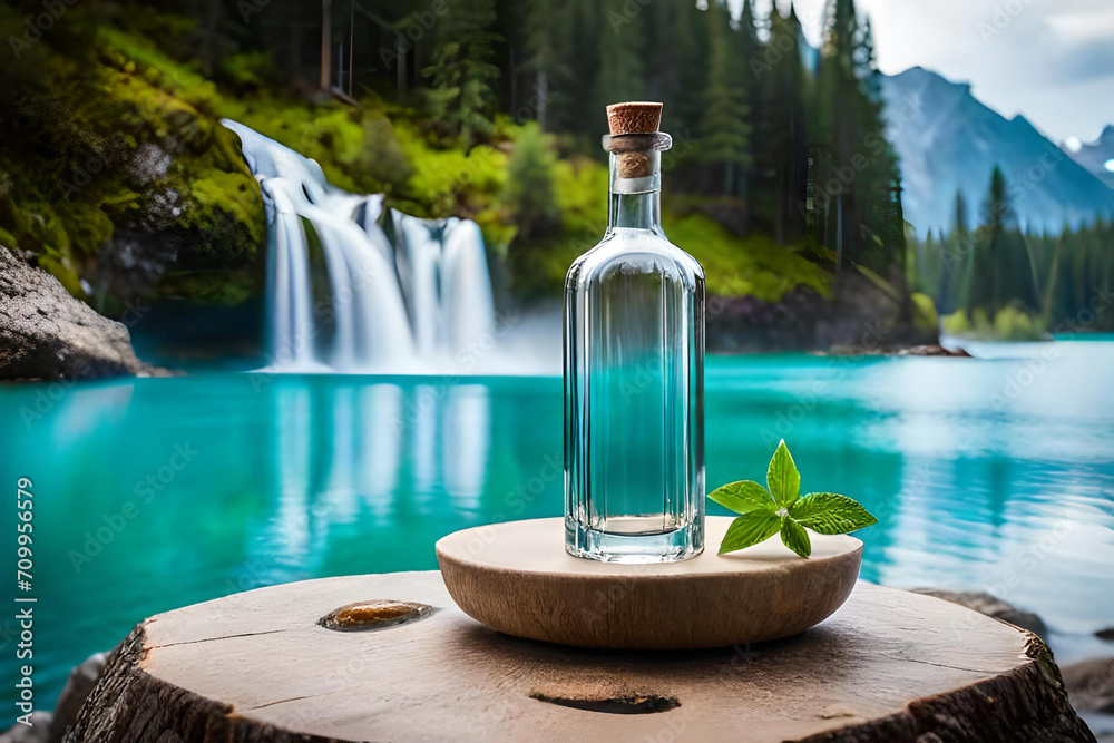 Obraz premium transparent bottle advertising in a beautiful lagoon