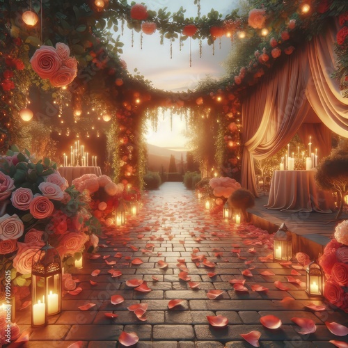 Warm Evening Ambience with Rose Petals Pathway