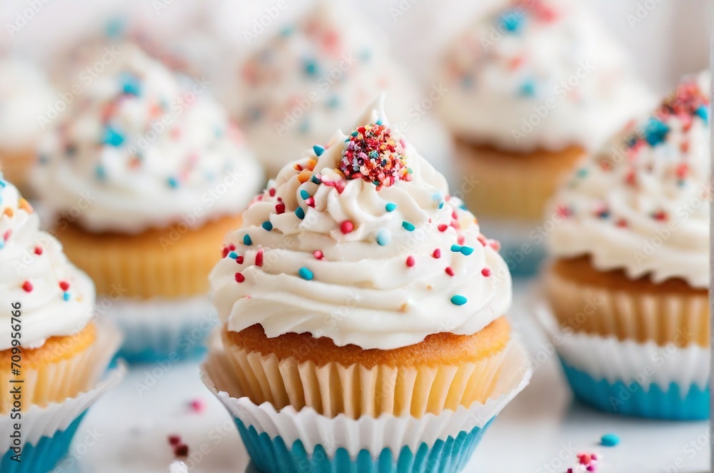 Close-up cake with white cream and colorful Sprinkles on white background. Minimal style. AI generated
