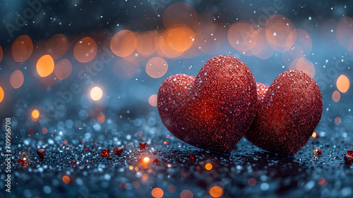 Valentines day Background of two red heart shape love made with glowing glitter bokeh image