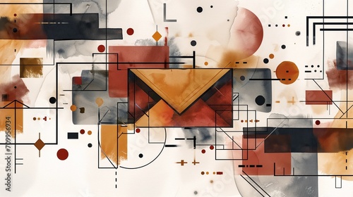 Modern Abstract Composition with Envelope Icon Amidst Geometric Shapes and Watercolor Effects