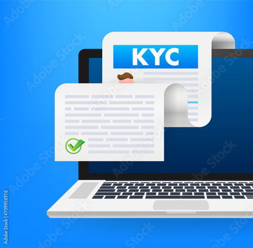 Know Your Customer KYC Compliance Vector Illustration with Verified Document on Laptop Screen for Secure Online Verification Process