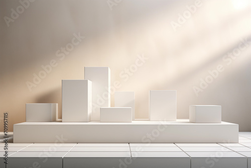 An elegant arrangement of white rectangular blocks on a podium with sunlight casting soft shadows in a neutral-toned room
