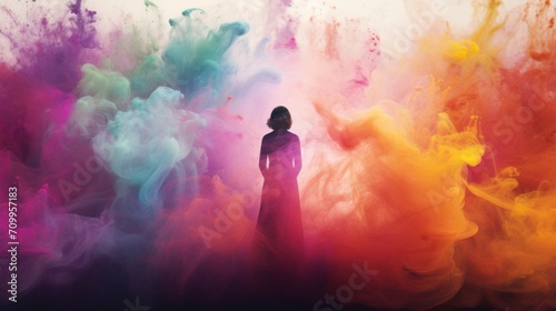 Illustration a woman with colorful Rainbow Smoke around there. AI generated image