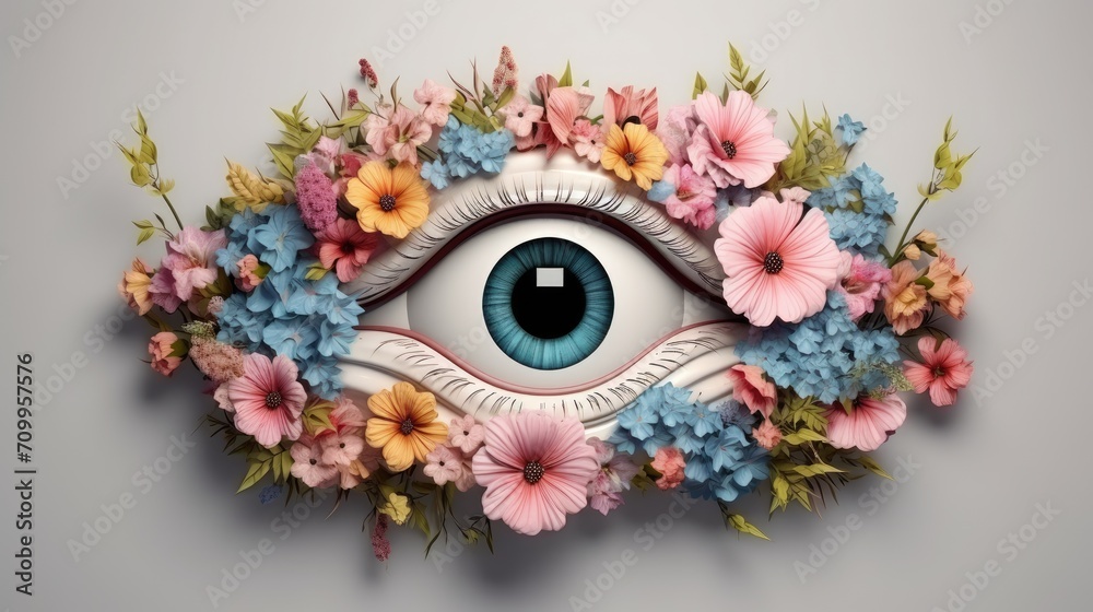 human eye organ with blooming flowers