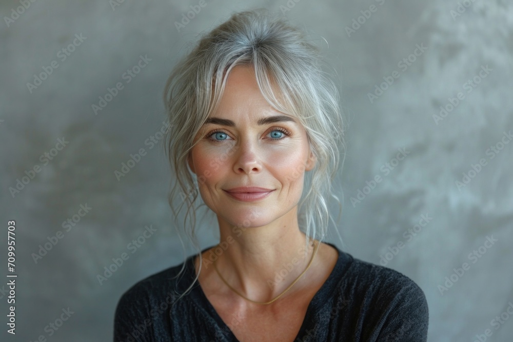 A happy, mature Caucasian woman, a portrait of ageless beauty and confidence outdoors with a cheerful demeanor.