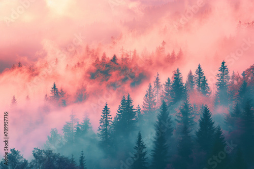 pink misty forest landscape 