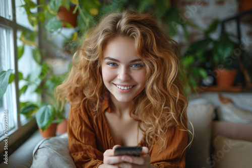 A happy young woman using a smartphone indoors, showcasing a modern and connected lifestyle with a cheerful demeanor.