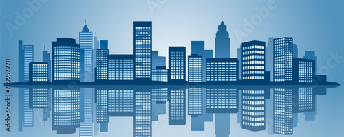 Megacity silhouettes with reflections. Modern business district with skyscrapers, business centers and office buildings.