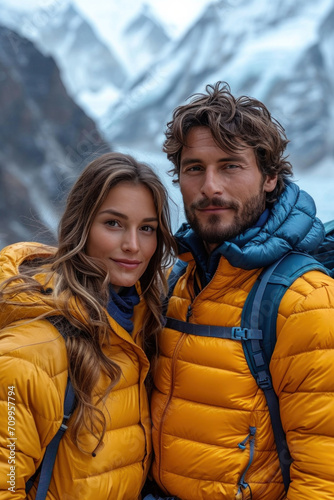 Happy couple enjoying a winter vacation in the snowy mountains, sharing love, and creating beautiful memories.