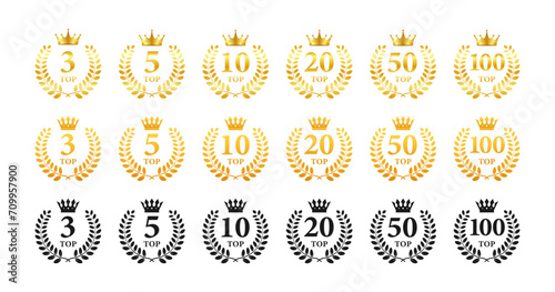 Vector set of top rank insignias with golden laurel wreaths and crowns, representing different levels of achievement