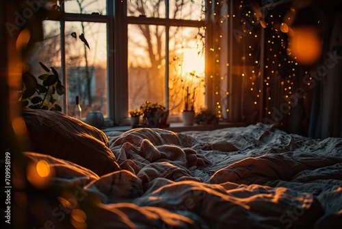 Sleeping in the bedroom on the windowsill with garlands