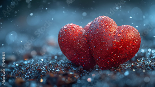 Valentines day Background of two red heart shape love made with glowing glitter bokeh image