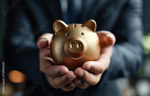 Businessman holding piggy bank for saving money the money saving concept for investment