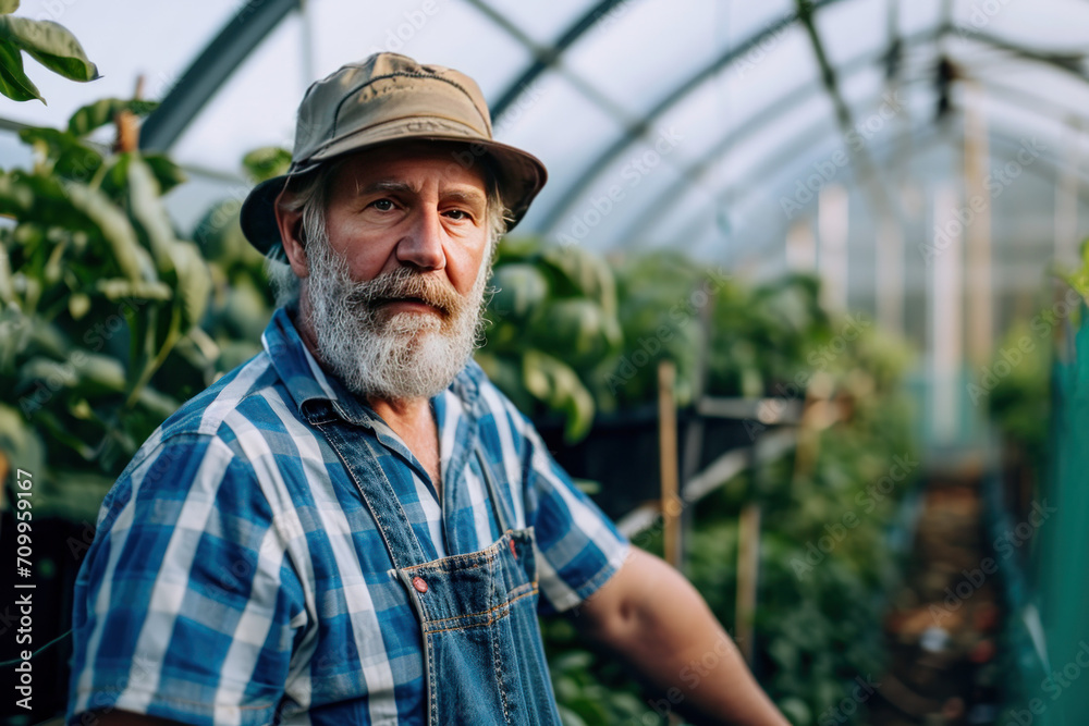 mature man as a gardener working in a greenhouse mature man as a gardener working in a greenhouse