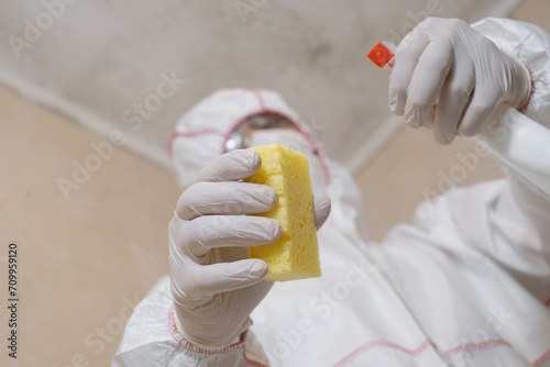 Mold removal. A man cleans mold from a wall using a sprayer and a sponge. Insect and mold removal company. Cleaning Specialist. Specialist of sanitary and epidemiological service.